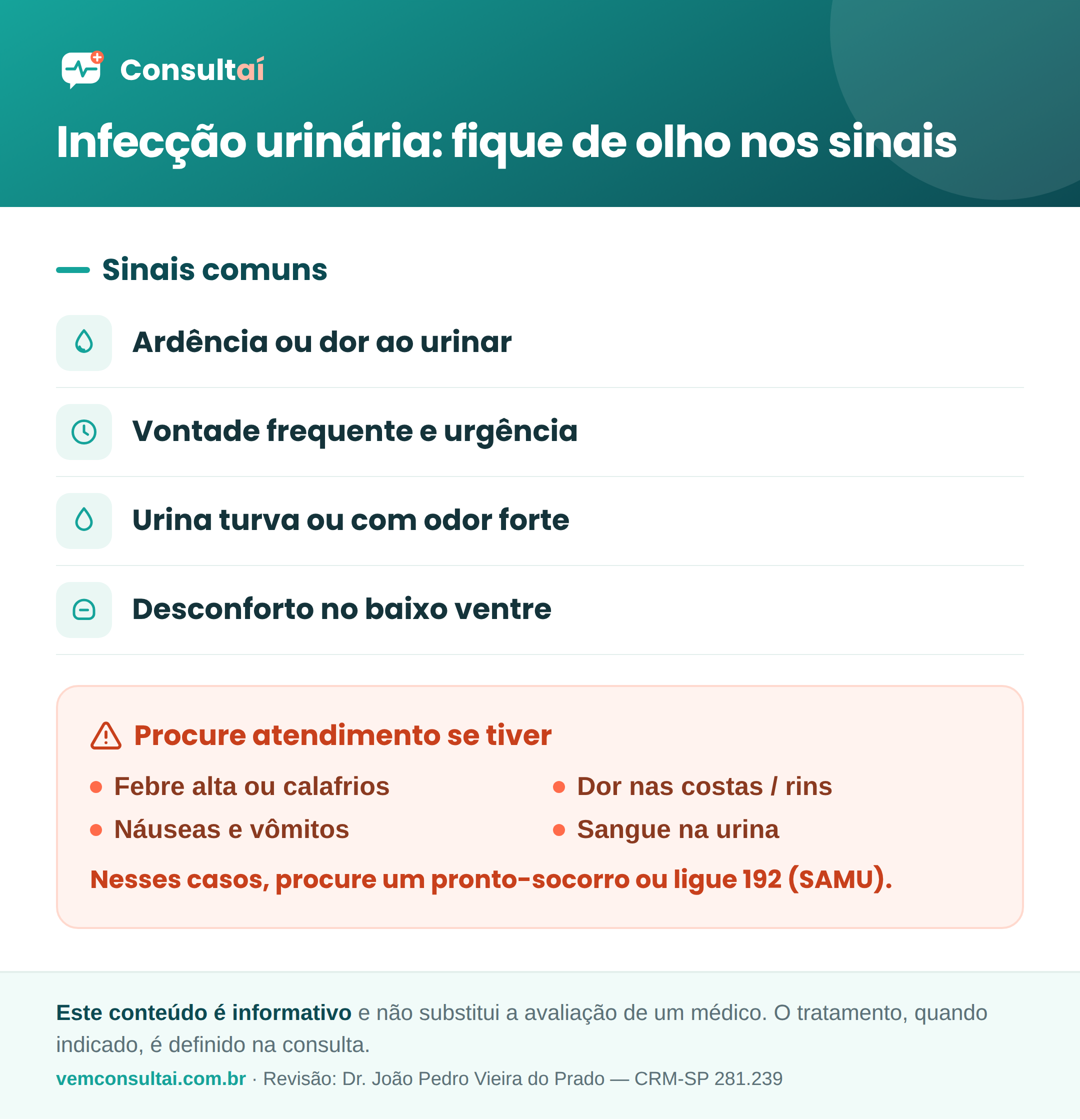 Infecção urinária: sinais comuns como ardência ao urinar, vontade frequente, urina turva ou com odor forte e desconforto no baixo ventre; e sinais de alerta que pedem atendimento presencial, como febre alta, dor nas costas, vômitos e sangue na urina.